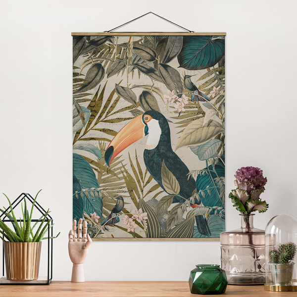 Stoffbild Collage Tukan im Dschungel - Textil; Massivholz (Holzart) - Mehrfarbig - 35cm x 46,5cm x 0,3cm - 35 x 47 cm