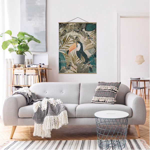 Stoffbild Collage Tukan im Dschungel - Textil; Massivholz (Holzart) - Mehrfarbig - 35cm x 46,5cm x 0,3cm - 35 x 47 cm