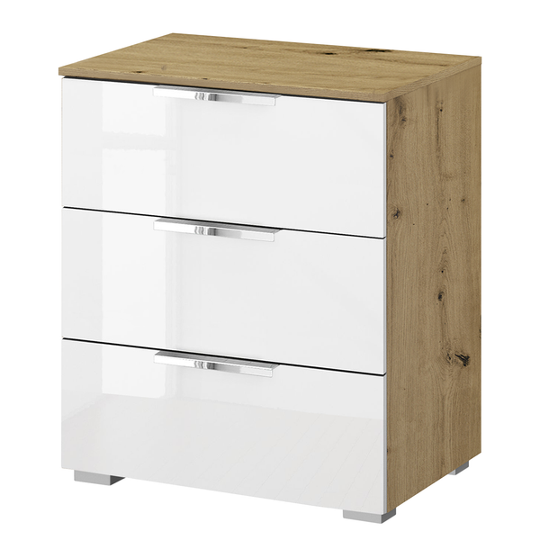 Nachtkommode SKØP x3 - Hochglanz Weiß / Eiche Artisan Dekor - Breite: 50 cm - Chrom