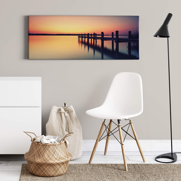Leinwandbild Lonely Bridge - Polyester PVC / Fichtenholz - Orange / Blau