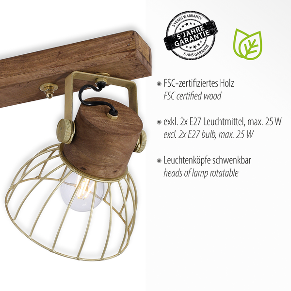 Wand- und Deckenleuchte Alami II - Eisen / Mango massiv - 2-flammig