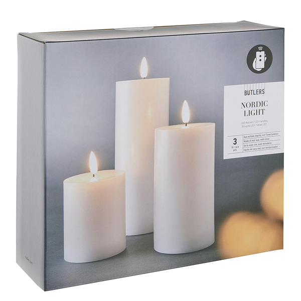 LED-Kerzen NORDIC LIGHT 3er-Set - Wachs - Weiß - Weiß