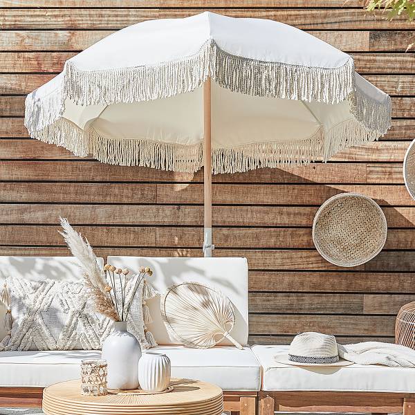 Strandschirm BOHO LOUNGE - Buche teilmassiv / Polyester - Creme - Beige