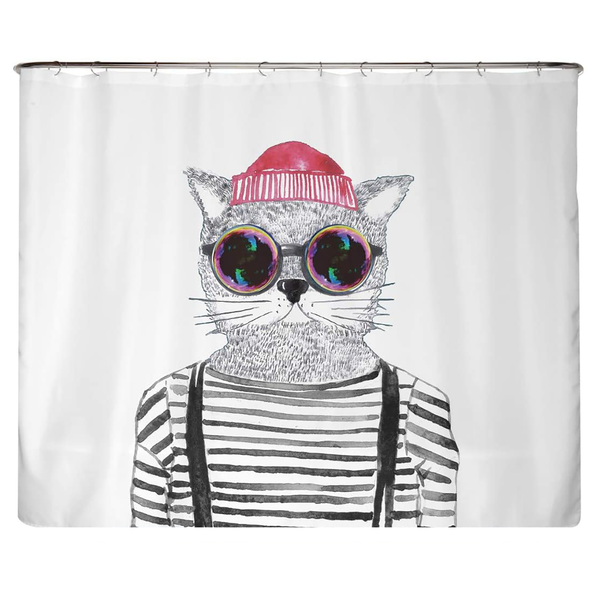 Recycling-Duschvorhang Hipster Katze - Polyester - Mehrfarbig - 240 x 200 cm