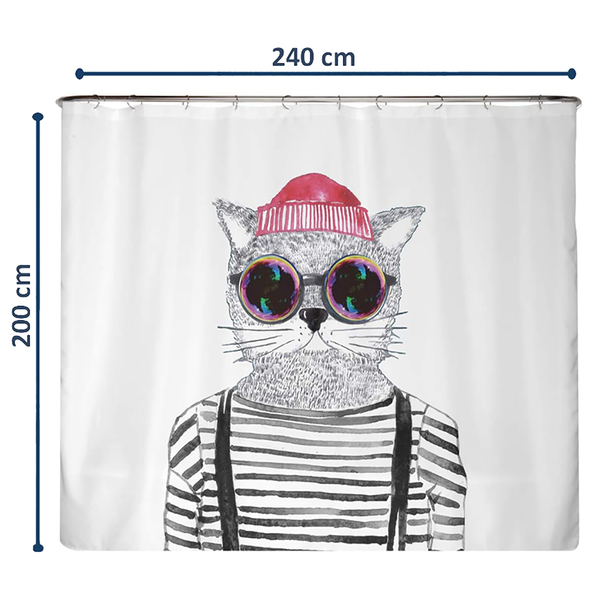 Recycling-Duschvorhang Hipster Katze - Polyester - Mehrfarbig - 240 x 200 cm