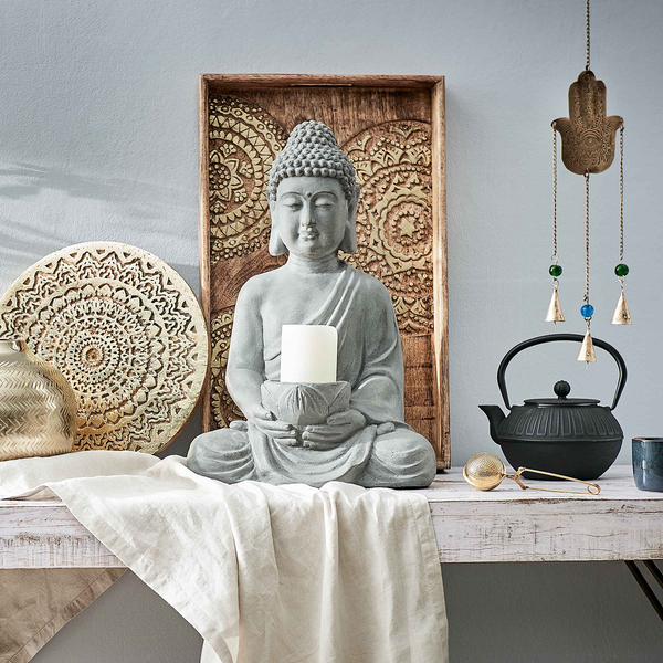 Kerzenhalter BUDDHA - Kaolinit / Steinpulver - Grau - Höhe: 46 cm