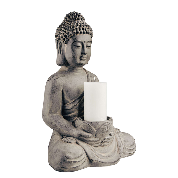Kerzenhalter BUDDHA - Kaolinit / Steinpulver - Grau - Höhe: 46 cm