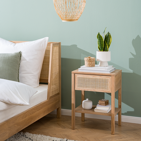 Nachttisch TAYLOR - Rattan / Eiche teilmassiv - Beige / Eiche