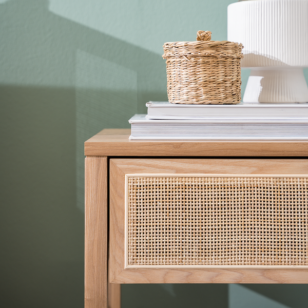 Nachttisch TAYLOR - Rattan / Eiche teilmassiv - Beige / Eiche