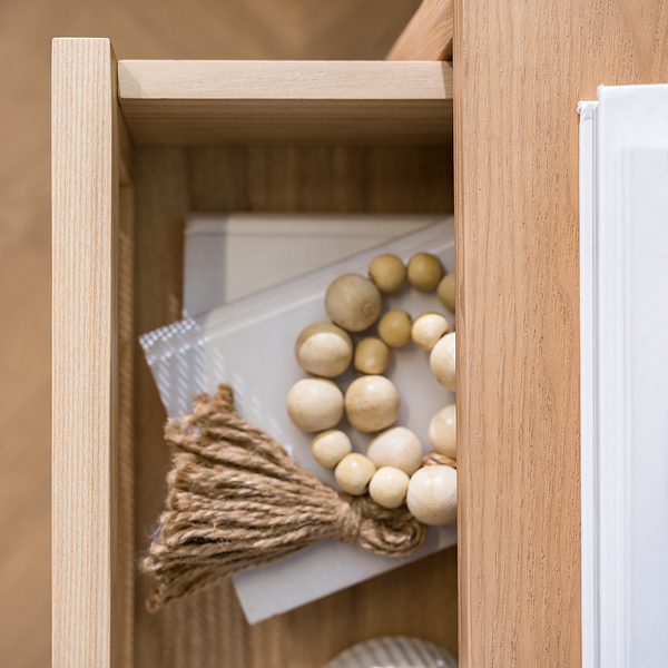 Nachttisch TAYLOR - Rattan / Eiche teilmassiv - Beige / Eiche