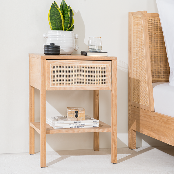 Nachttisch TAYLOR - Rattan / Eiche teilmassiv - Beige / Eiche