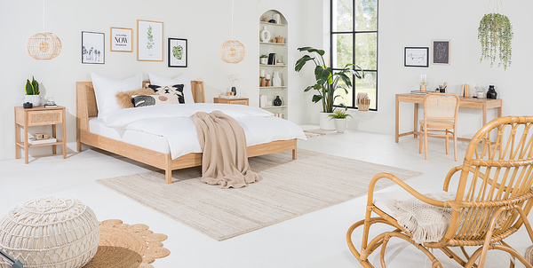 Nachttisch TAYLOR - Rattan / Eiche teilmassiv - Beige / Eiche