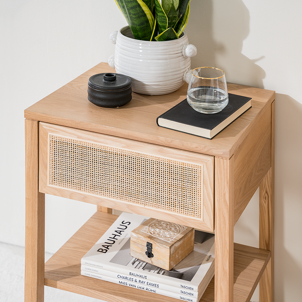 Nachttisch TAYLOR - Rattan / Eiche teilmassiv - Beige / Eiche