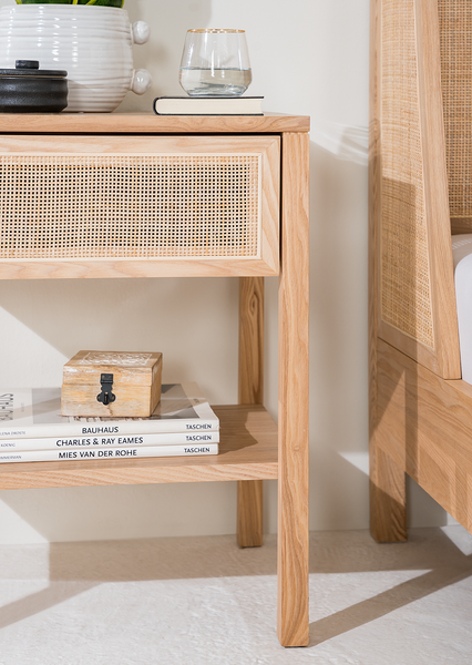 Nachttisch TAYLOR - Rattan / Eiche teilmassiv - Beige / Eiche