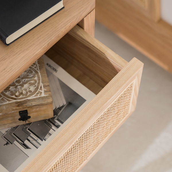 Nachttisch TAYLOR - Rattan / Eiche teilmassiv - Beige / Eiche