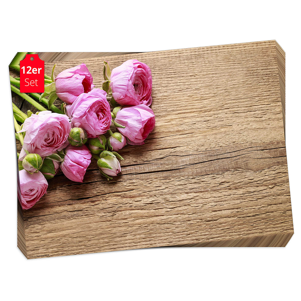 Tischset Rosen auf Holz (12er-Set) - Papier - Mehrfarbig