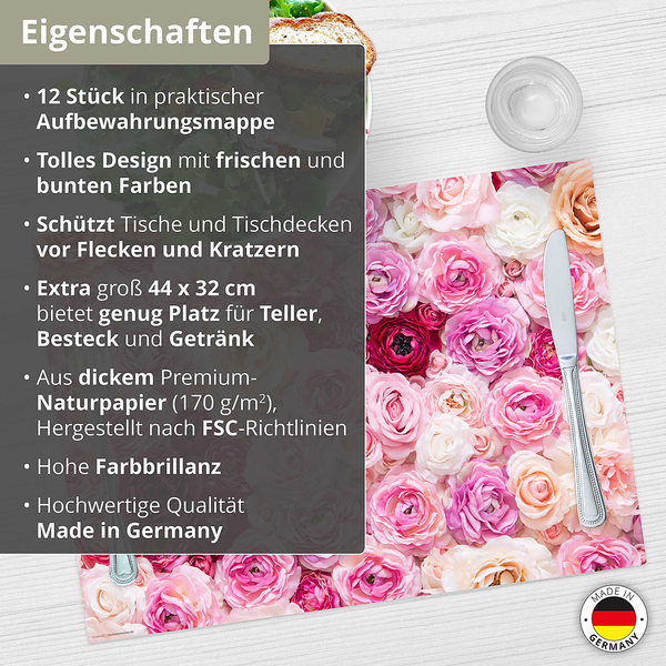 Tischset Rosenmeer (12er-Set) - Papier - Mehrfarbig