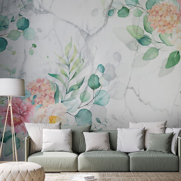 Vlies Fototapete Flowery Marble - Premium Vlies - Mehrfarbig - Breite: 450 cm