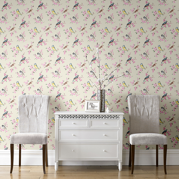 Vliestapete Vögel - Vlies - Creme / Rosa