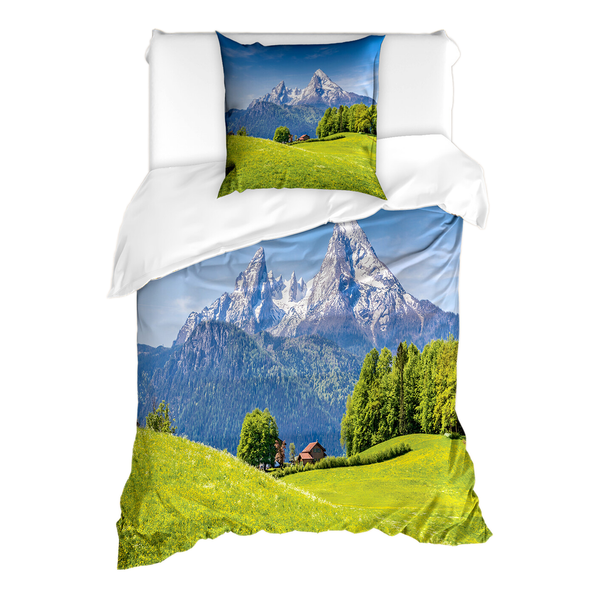Bettwäsche Berg - Microfaser Polyester - Grün / Blau - 135 x 200 cm + Kissen 80 x 80 cm