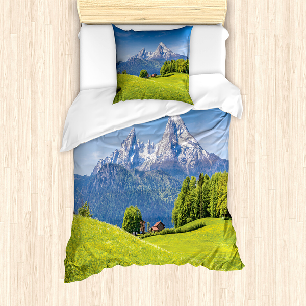 Bettwäsche Berg - Microfaser Polyester - Grün / Blau - 135 x 200 cm + Kissen 80 x 80 cm