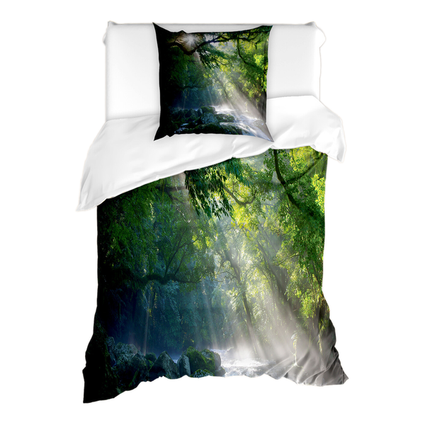 Bettwäsche Regenwald - Microfaser Polyester - Grün / Weiß - 135 x 200 cm + Kissen 80 x 80 cm