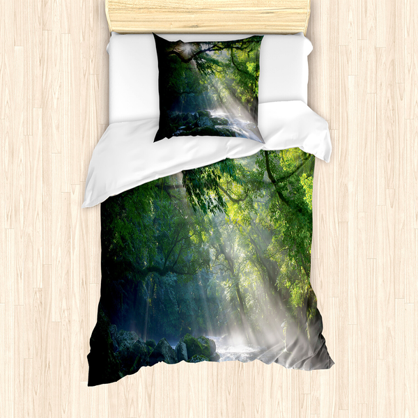 Bettwäsche Regenwald - Microfaser Polyester - Grün / Weiß - 135 x 200 cm + Kissen 80 x 80 cm