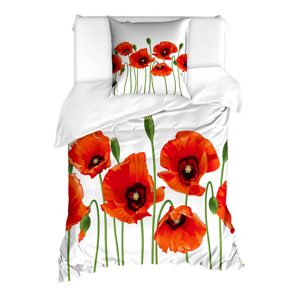 Bettwäsche Blumen - Microfaser Polyester - Rot / Grün - 135 x 200 cm + Kissen 80 x 80 cm