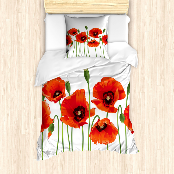 Bettwäsche Blumen - Microfaser Polyester - Rot / Grün - 135 x 200 cm + Kissen 80 x 80 cm