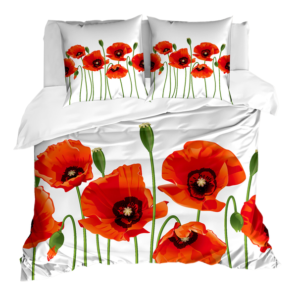 Bettwäsche Blumen - Microfaser Polyester - Rot / Grün - 155 x 220 cm + 2 Kissen 80 x 80 cm