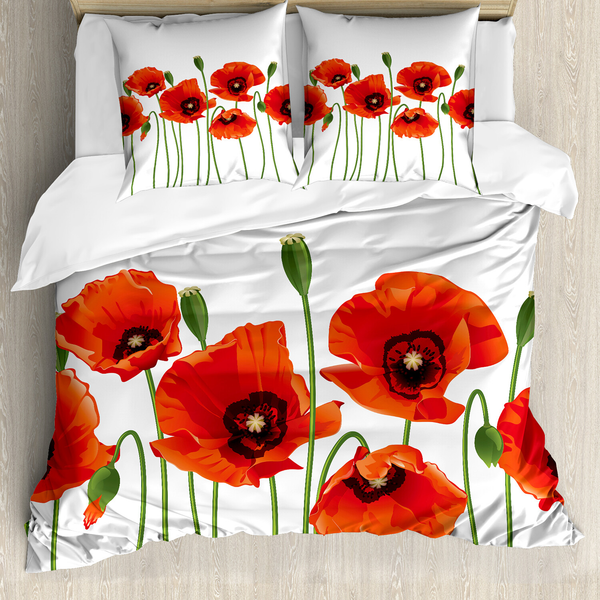 Bettwäsche Blumen - Microfaser Polyester - Rot / Grün - 155 x 220 cm + 2 Kissen 80 x 80 cm