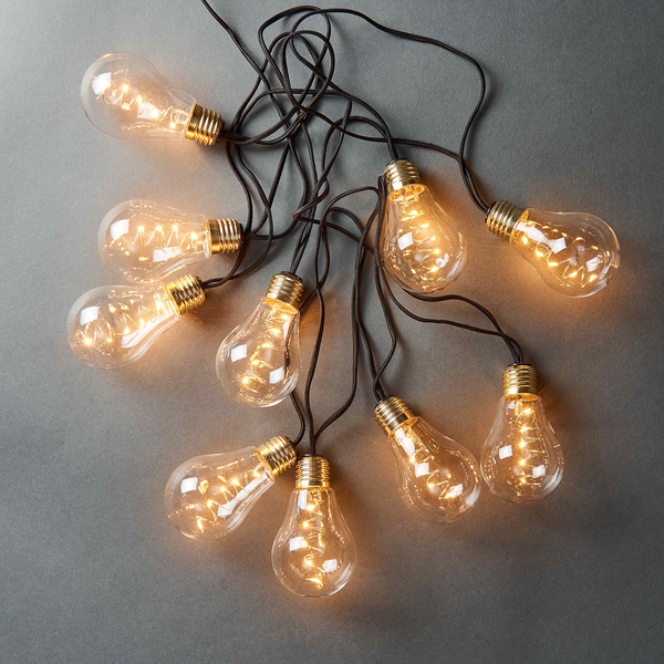 LED-Lichterkette BULB LIGHTS I - Klarglas / Jute - 10-flammig - Schwarz - Schwarz - Tiefe: 460 cm
