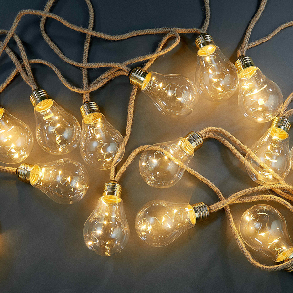 LED-Lichterkette BULB LIGHTS I - Klarglas / Jute - 15-flammig - Braun - Tiefe: 860 cm