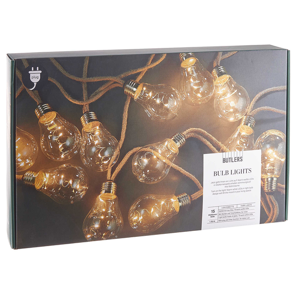 LED-Lichterkette BULB LIGHTS I - Klarglas / Jute - 15-flammig - Braun - Tiefe: 860 cm