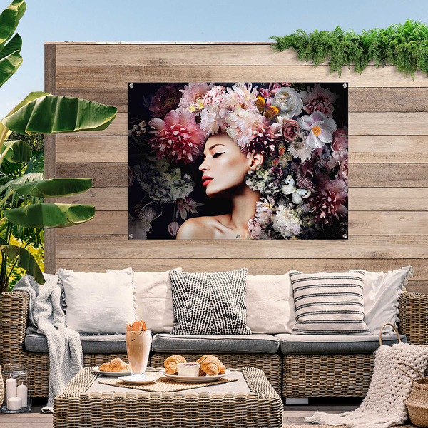 Outdoor-Poster Frau mit Blumenhut - PVC - Pink