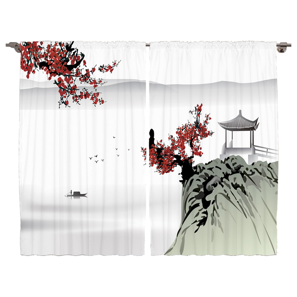 Fertiggardine Asiatisch (2er-Set) - Polyester - Rubin / Blassgrau - 140 x 225 cm