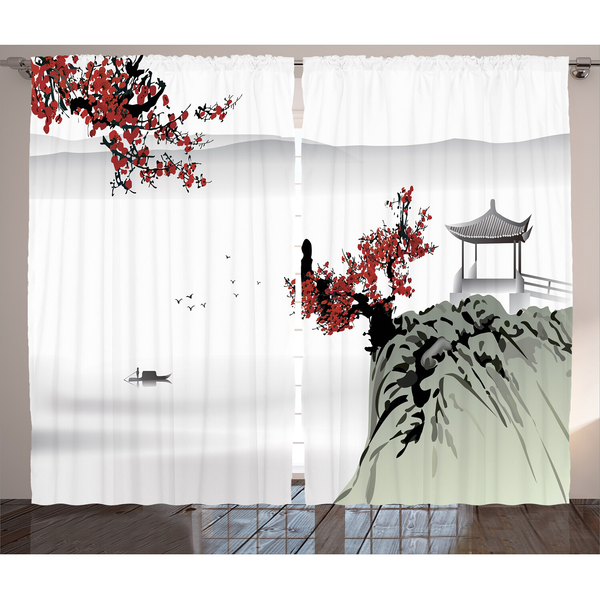 Fertiggardine Asiatisch (2er-Set) - Polyester - Rubin / Blassgrau - 140 x 225 cm