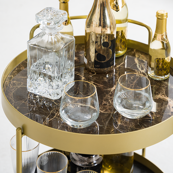 Servierwagen GLENDING - Keramik / Stahl - Marmor Braun Dekor / Gold