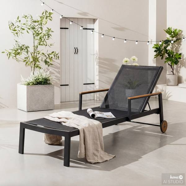 Gartenliege Daly mit Gitterstoff - Textilene / Aluminium - Schwarz / Braun
