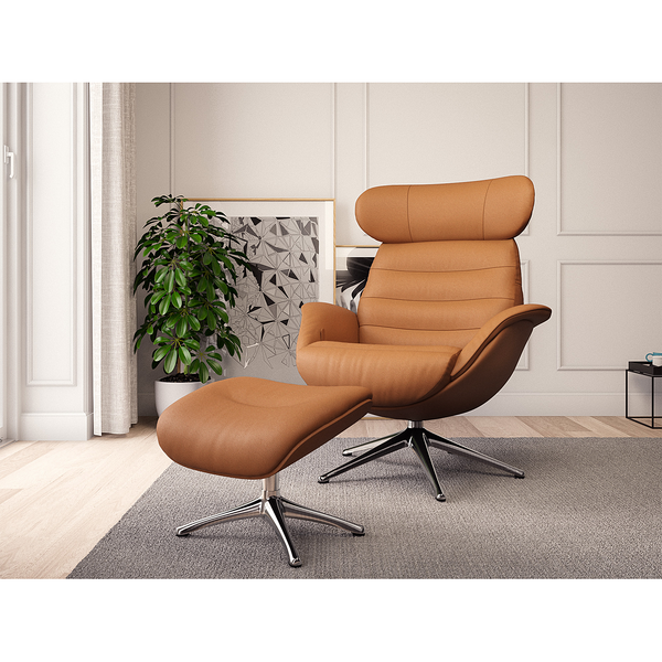 Polsterhocker LESO - Echtleder Danbi: Cognac - Chrom glänzend
