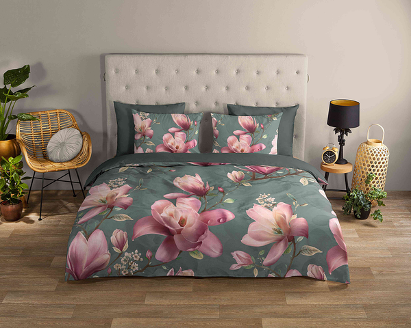 Renforce Bettwäsche Magnolia - Baumwolle - Grau / Pink - 240 x 200/220 cm + 2 Kissen 70 x 40 cm