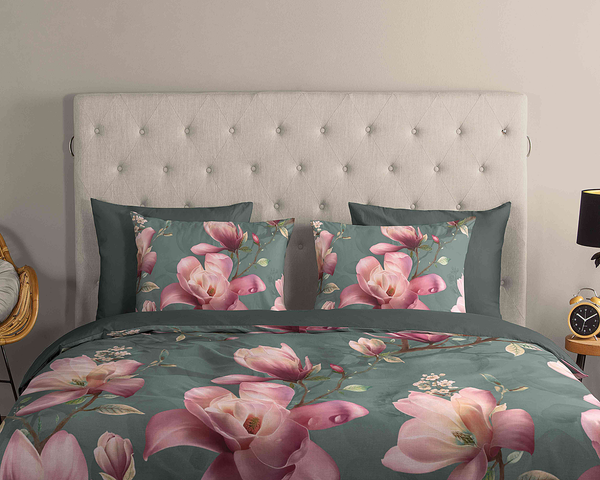 Renforce Bettwäsche Magnolia - Baumwolle - Grau / Pink - 240 x 200/220 cm + 2 Kissen 70 x 40 cm