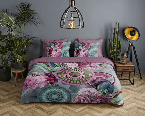 Renforce Bettwäsche Bandhura - Baumwolle/Satin - Grün / Grau / Violett - 140 x 200/220 cm + Kissen 70 x 60 cm