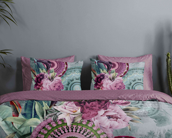 Renforce Bettwäsche Bandhura - Baumwolle/Satin - Grün / Grau / Violett - 140 x 200/220 cm + Kissen 70 x 60 cm