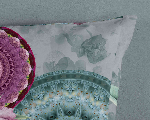 Renforce Bettwäsche Bandhura - Baumwolle/Satin - Grün / Grau / Violett - 140 x 200/220 cm + Kissen 70 x 60 cm