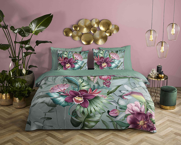 Renforce Bettwäsche Allison - Bio-Baumwolle/Satin - Grün / Grau - 140 x 200/220 cm + Kissen 70 x 60 cm