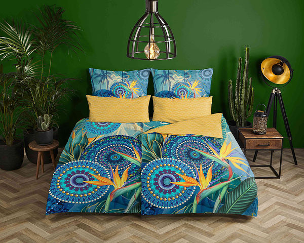 Renforce Bettwäsche Novia - Baumwolle/Satin - Blau / Gelb - 135 x 200 cm + Kissen 80 x 80 cm