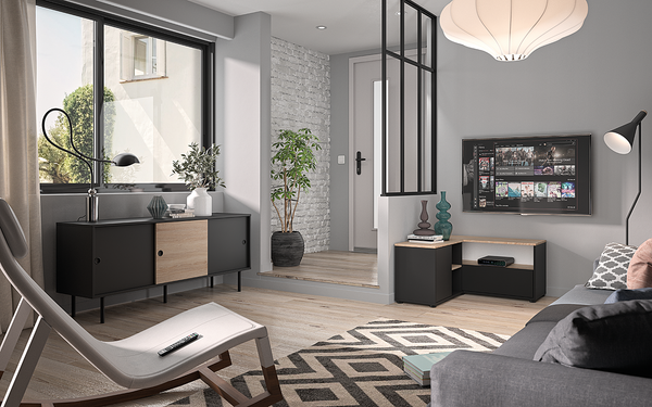 TV-Lowboard Angle 90 - Schwarz / Eiche Dekor