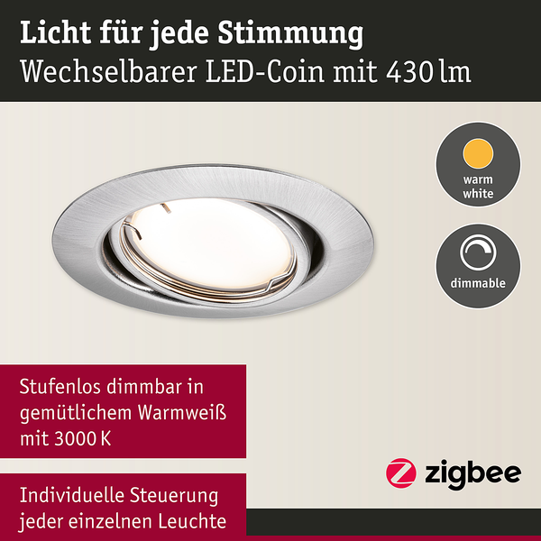 LED-Einbauleuchte Coin 3er-Set Dimmbar - Metall - Grau - 1-flammig - Grau
