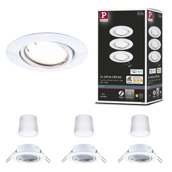 LED-Einbauleuchte Coin 3er-Set Dimmbar - Metall - Weiß - 1-flammig - Weiß